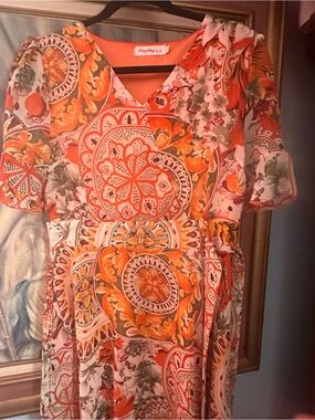 Orange Floral Print V-Neck Women's Dress